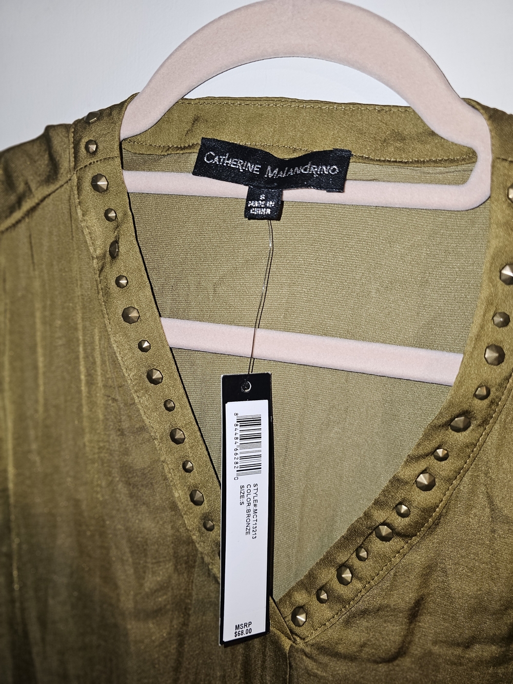 Catherine Malandrino Olive Studded V-Neck Top